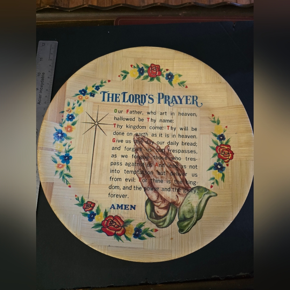 Vintage 1960s Retro Kistch Woven Bamboo Tray The Lord's Prayer Plate